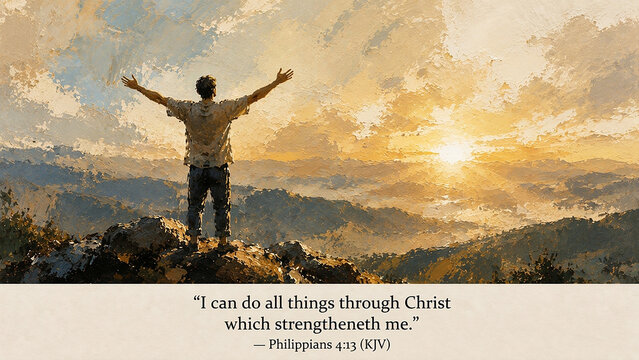 Man Standing on Mountain Peak at Sunrise with Arms Raised and Philippians 4:13 KJV Verse