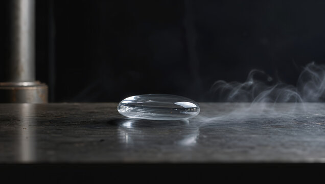 Glass water drop on dark reflective surface with delicate vapor, creating mysterious minimalist still life with cool tones and contrast