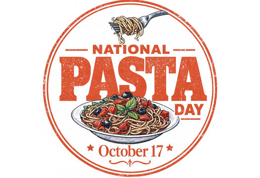 National pasta day vintage style stamp logo with a plate of spaghetti and a fork