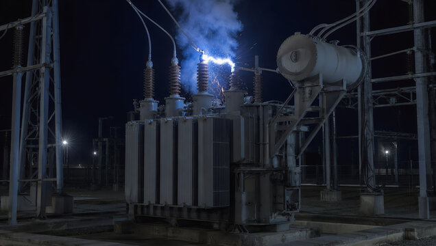 Night electrical substation power transformer electric arc smoke industrial equipment under dramatic blue light