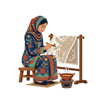 Woman Making Traditional Indonesian Batik Textile Art