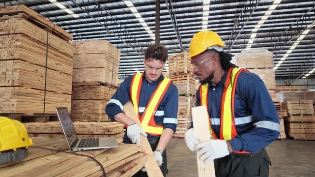Two industrial workers in safety gear inspect lumber and review production details with a laptop inside a large woodworking factory filled with stacked wooden pallets.