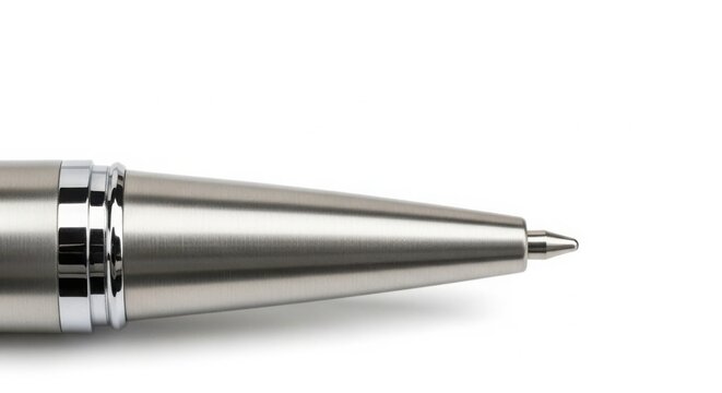 Close up shot of a metallic silver ballpoint pen tip with writing instrument