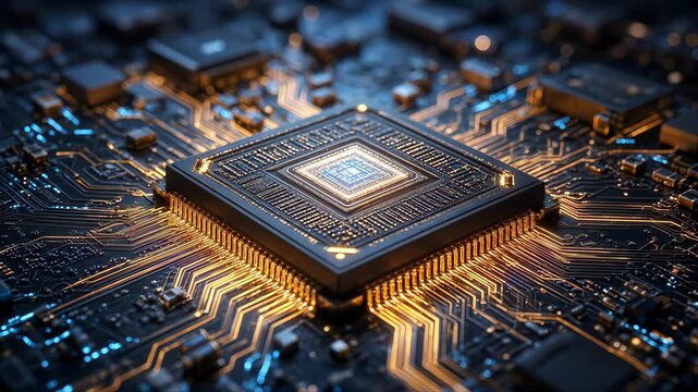 Close Up of Power Electronic Circuit Board with AI Chip, Semiconductor Processor, Capacitors and Digital Technology Components