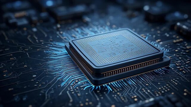 Close Up of Electronic Circuit Board and AI Computer Chip with Blue Technology Components and Semiconductor Processor Hardware Showing power of AI