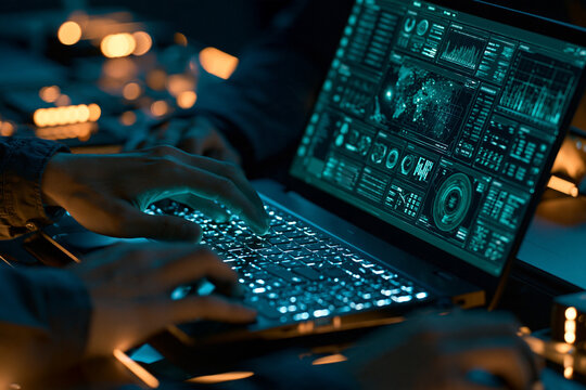 data visualization dashboard on laptop screen, hands typing, realistic close-up stock photo