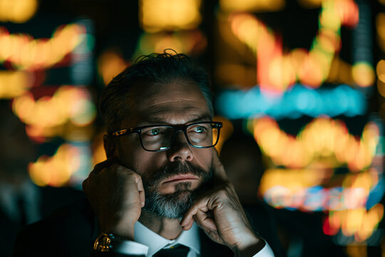 financial analyst studying market charts on widescreen monitor, realistic office photo