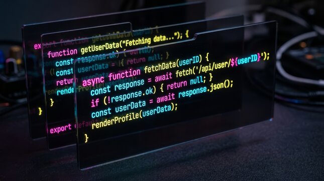 Close up view of programming code syntax highlighted on a transparent display in a tech workspace