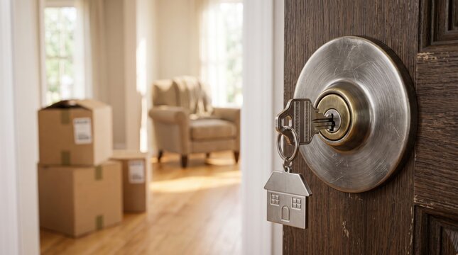 Metal house key with house shaped keychain inserted into a dark wooden door lock with cardboard moving boxes and an armchair in the blurred background of a bright living room interior