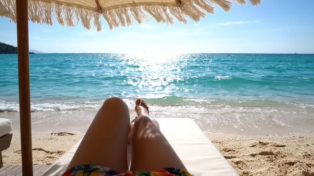 Woman relaxing on a beach lounger beneath a thatched umbrella while ocean waves roll onto a sunny tropical shore