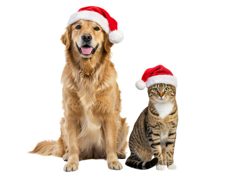 Dog and cat wearing santa hats on isolated on transparent background