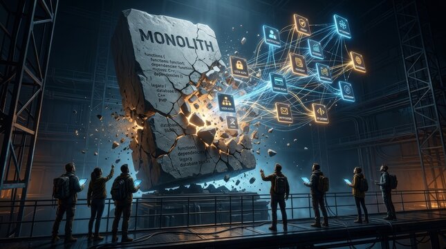 Large monolith structure fragmenting into modular digital components with observers in industrial