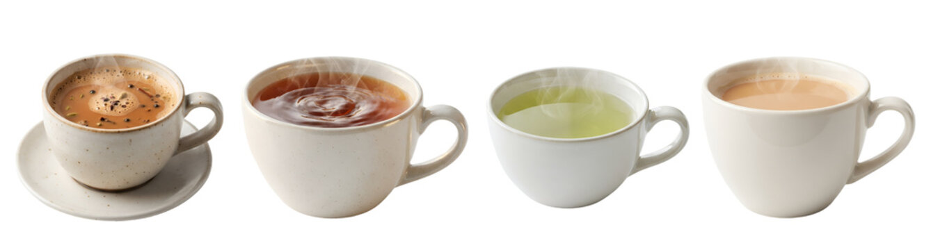 Four ceramic cups filled with hot aromatic black tea green tea masala chai and milky tea isolated against the clean white studio space on transparent background