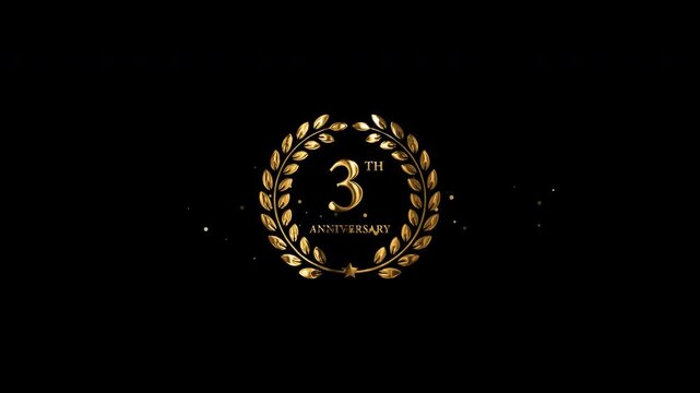Golden 3rd anniversary emblem with a golden laurel wreath, decorative stars, sparkling particles, and refined lettering on a transparent background