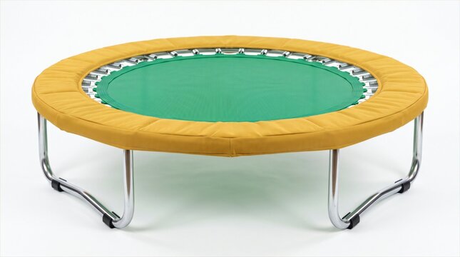 Mini trampoline photo showing green bouncing mat and yellow padded safety frame on white background