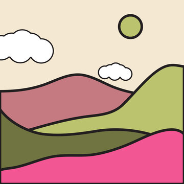 Minimalist vector illustration of rolling hills with a sun and clouds in a flat design style