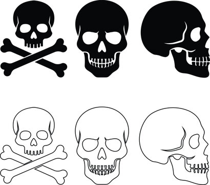 Human skull crossbones head bone icon set collection in black flat and line style editable halloween danger death elements group isolated on transparent background vector symbol