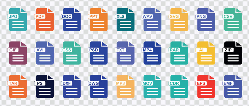 Modern File Format Icons Set Isolated Colorful Document Symbols Collection Flat Design