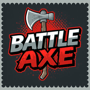 Graphic design illustration featuring a battle axe with bold typography for gaming logo.