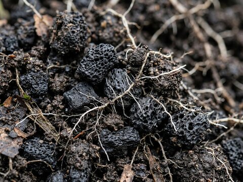 Macro photorealistic composition of porous biochar particles mixed with rich dark agricultural soil, visible organic texture and tiny root structures