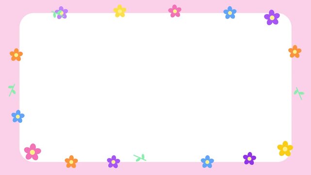 Cute pastel pink background with a white rectangular frame decorated with colorful small flowers.