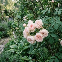 Fototapeta premium A beautiful cluster of soft pink roses blooming in a lush green summer garden landscape