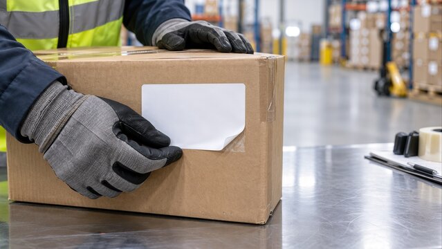 Warehouse Worker Checking Partially Detached Label on Sealed Carton
