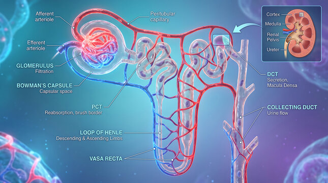 Detailed Anatomical Illustration Of Nephron Structure Showing Glomerulus Bowman Capsule And Renal Tubules
