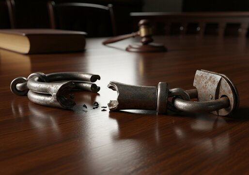 Broken padlock on a wooden table with gavel and book.