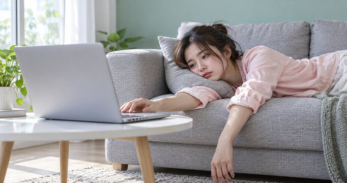 Tired Young Woman Lying on Sofa Reaching for Laptop While Working From Home, Fatigue and Remote Work Burnout Concept