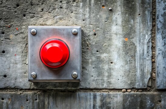 Glowing Red Emergency Stop Button Mounted on a Rough Textured Concrete Wall Surface