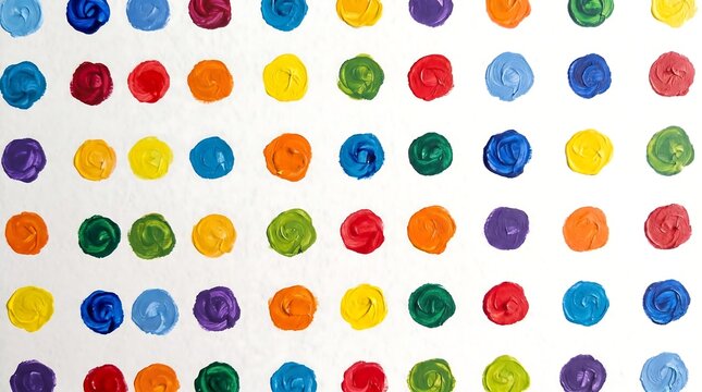 Colorful abstract art painting with a grid pattern of painted dots in vibrant hues on white textured canvas background