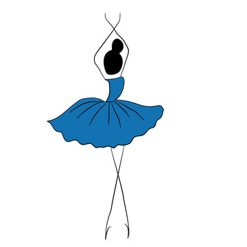 Hand drawn ballet-inspired dancer wearing a flowing blue skirt in an elegant pose. The simple expressive style is suitable for ballet, dance education, performance events, fashion projects,