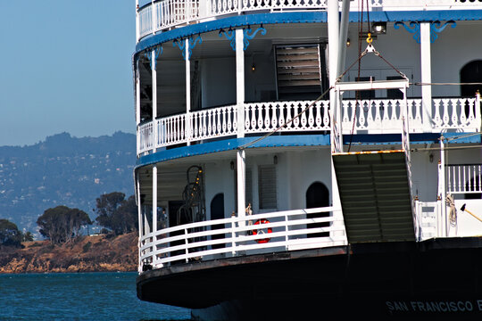 Paddlewheel boat docked along the San Francisco waterfront