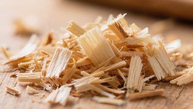 A close-up of light-colored wood shavings and sawdust piled on a wooden workbench in a woodworking workshop