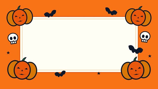 Halloween background frame with cute pumpkins skulls and bats on orange.