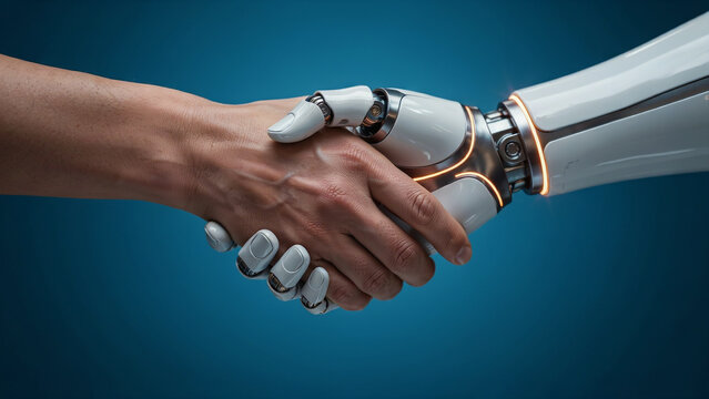 Human hand shaking sleek white robotic hand representing artificial intelligence collaboration on dark blue background
