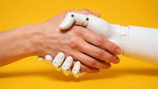 Human hand shaking robotic prosthetic hand symbolizing artificial intelligence partnership on yellow background
