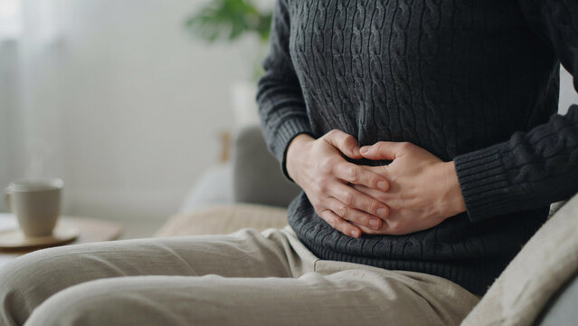 Person sitting on sofa suffering from severe stomach ache and clutching belly with hands
