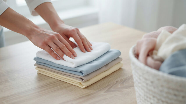 Hands of woman neatly folding stack of clean pastel clothes on wooden table near laundry basket
