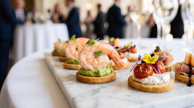 Shrimp appetizers with avocado spread on toasted bread slices served on a white marble platter at a social event with blurred people in the background