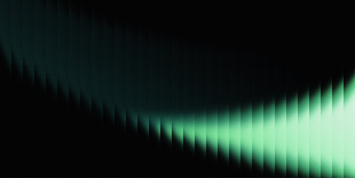 Abstract green glowing wave formed by repeating vertical light bars on a dark black background