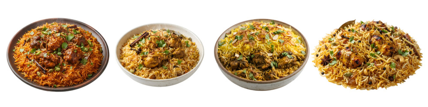 Delicious traditional biryani dishes set featuring spicy chicken rice with aromatic herbs and spices served in ceramic bowls on transparent background