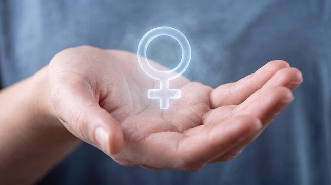 A human hand gently holds a luminous, holographic female gender icon, representing feminism, women's empowerment, equality, and women's health awareness.