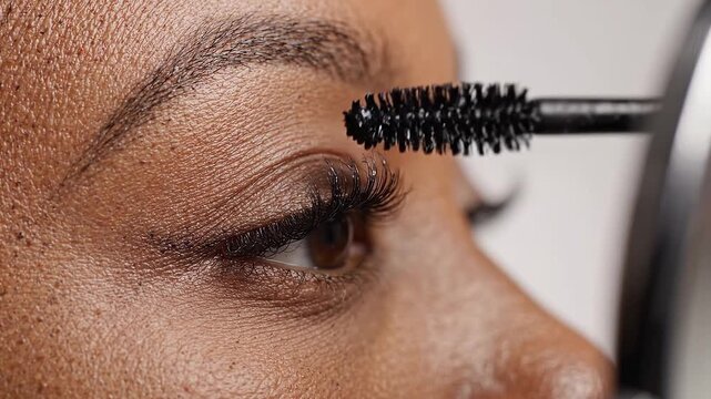 Woman applies mascara with a spoolie brush, transforming natural eyelashes into long curled lashes during a closeup beauty routine.