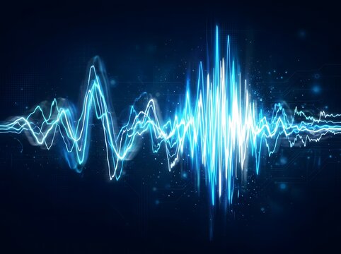 A vibrant abstract glowing sound wave visualization on a dark blue backdrop representing modern digital audio and sound technology concepts