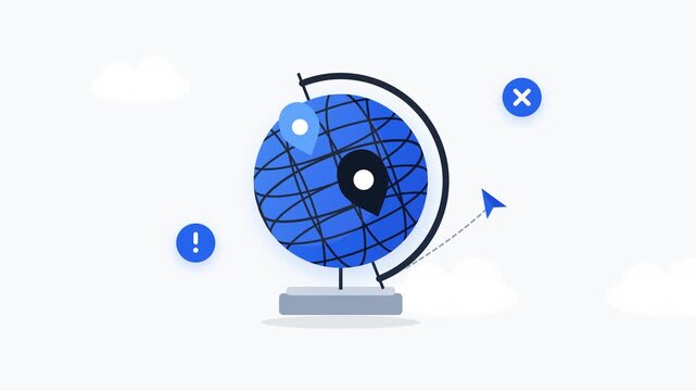 Abstract flat illustration of a blue globe with location markers and navigation icons.