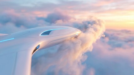 Fototapeta premium Futuristic white aircraft flying above clouds during golden sunset sky