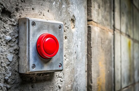 Industrial Red Emergency Stop Button Attached to a Concrete Wall Construction Site