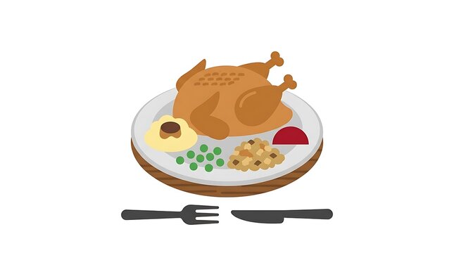 Roasted turkey dinner vector icon with side dishes